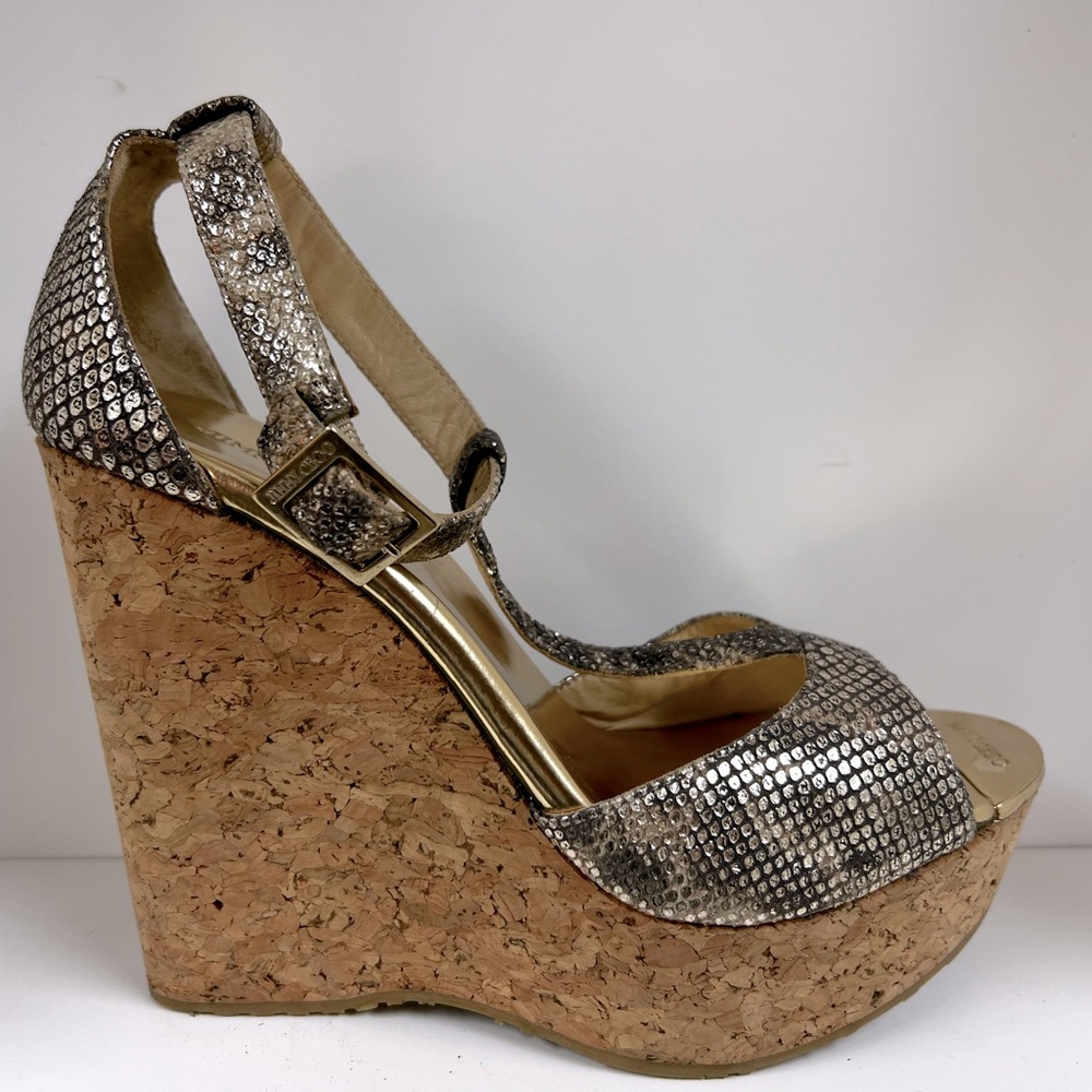 Jimmy Choo sexy metallic animal print cork wedge heels with ankle straps